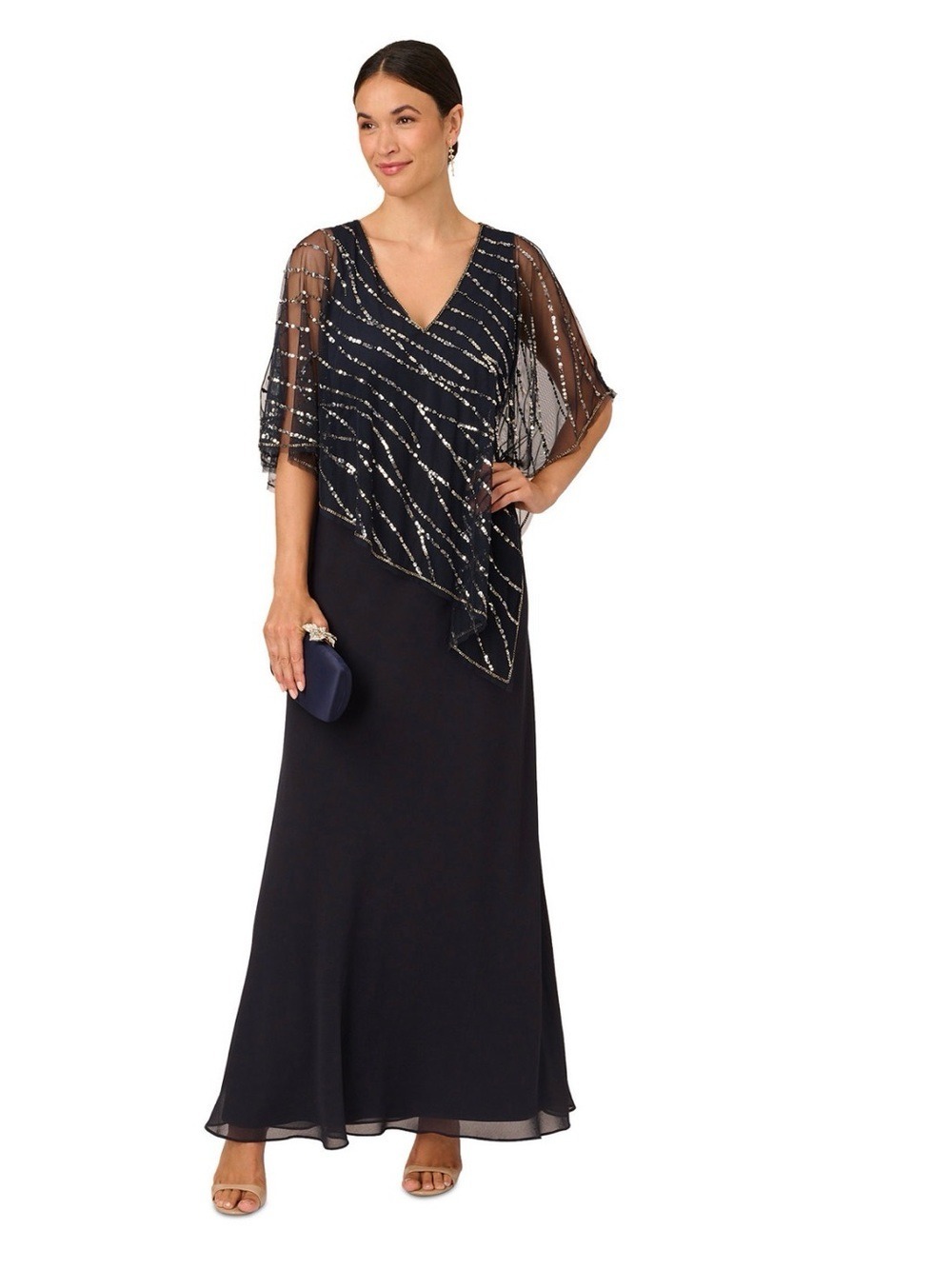 Elegant Navy Beaded V-Neck Evening Dress